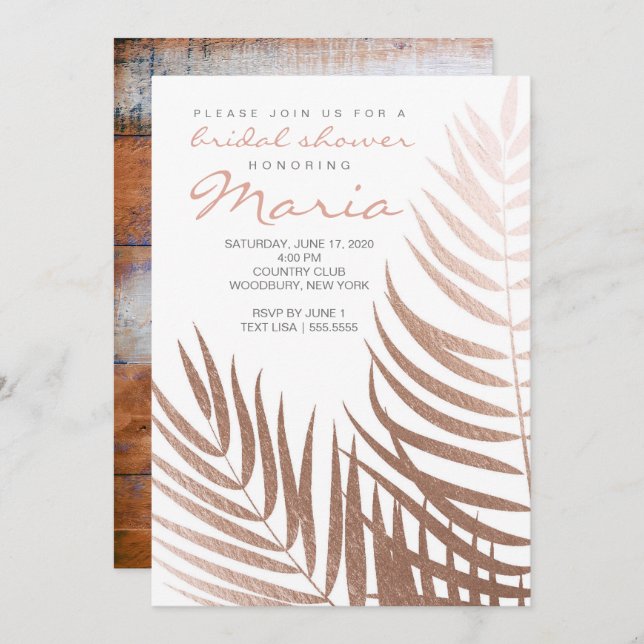 Rose Gold Foil Palm Leaves Bridal Shower Invitation (Front/Back)