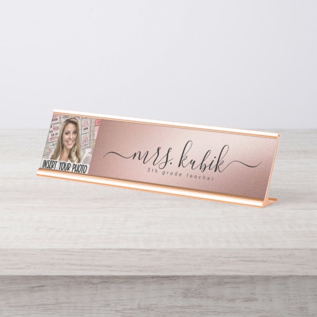 Rose Gold Foil Personalized Image Desk Name Plate (Front)