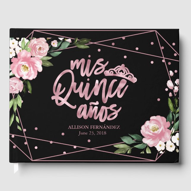 Rose Gold Foil Pink Black Floral Quinceanera Guest Book (Front)
