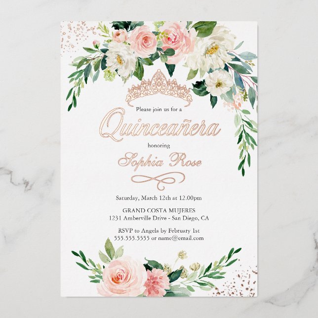 ROSE GOLD FOIL Pink Floral Quinceanera  (Front)