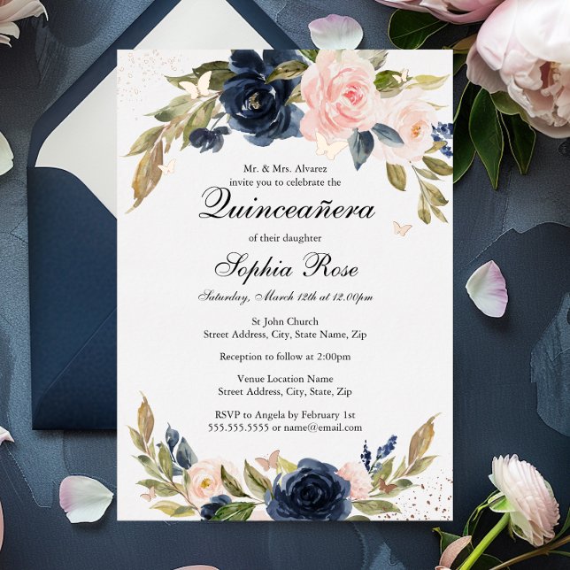 ROSE GOLD FOIL Pink Navy Floral Quinceanera  (Creator Uploaded)