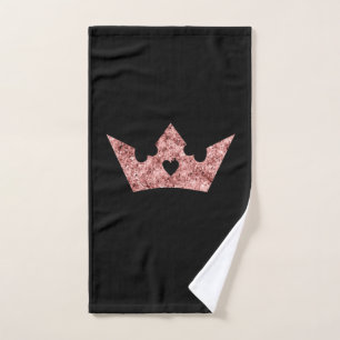Rose Gold Foil Princess Crown on Black Hand Towel