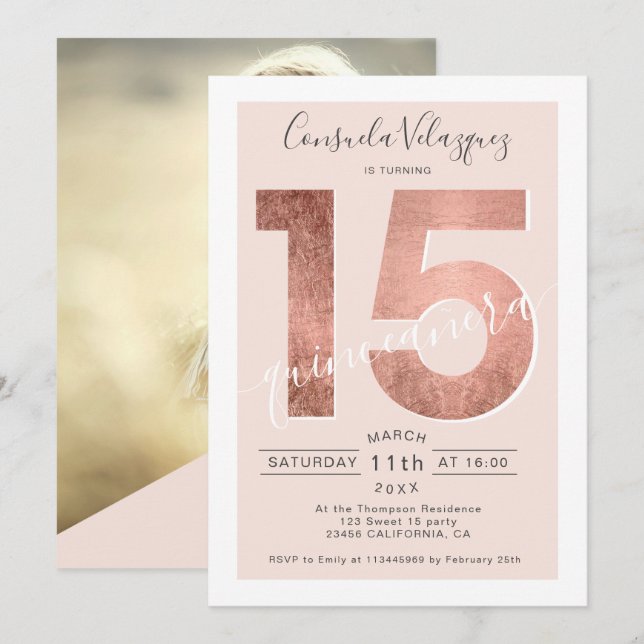 Rose gold foil script blush quinceanera photo invitation (Front/Back)