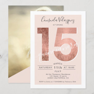 Rose gold foil script blush quinceanera photo invitation