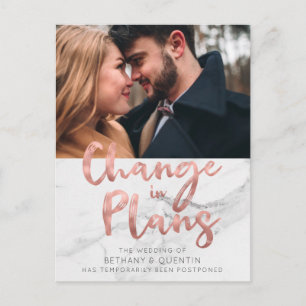 Rose Gold Foil Script Marble Wedding Postponement Postcard