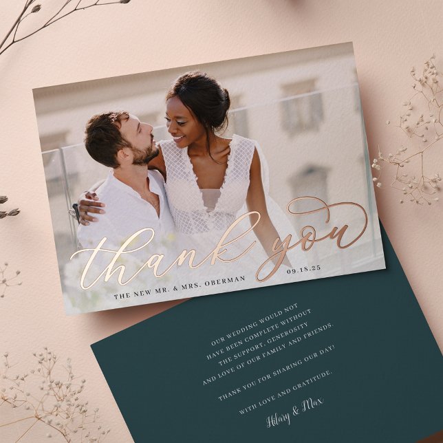Rose Gold Foil Script Mariage photo Carte de remer (Créateur téléchargé)