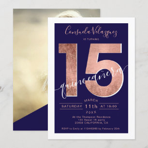Rose gold foil script navy blue quinceanera photo invitation