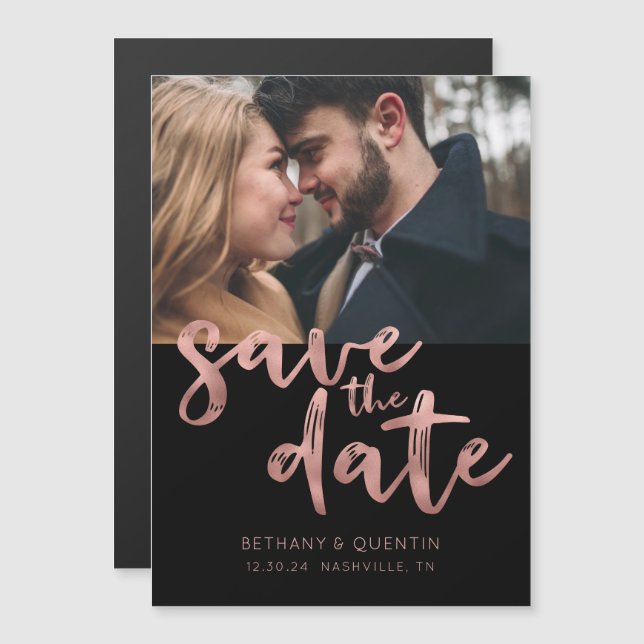 Rose Gold Foil Script on Black Save the Date Photo Magnetic Invitation (Front/Back)