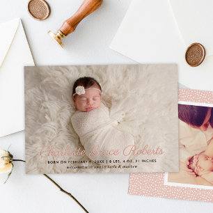 Rose Gold Foil Script Photo Birth Announcement