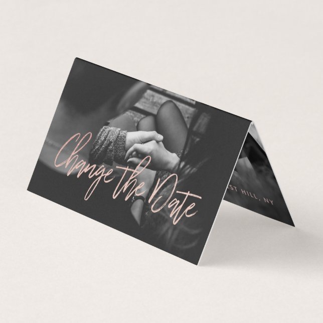 Rose Gold Foil Script Photo Change The Date Card (Front)