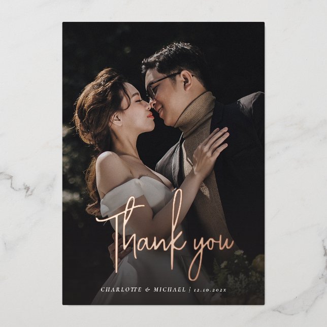 Rose Gold Foil Script Wedding Photo Thank You Card (Front)