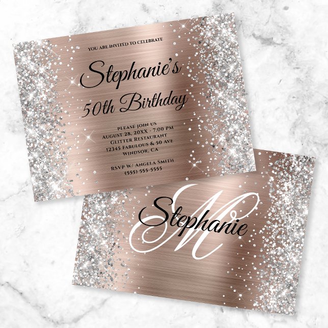 Rose Gold Foil Silver Glitter Monogram Birthday Invitation (Creator Uploaded)