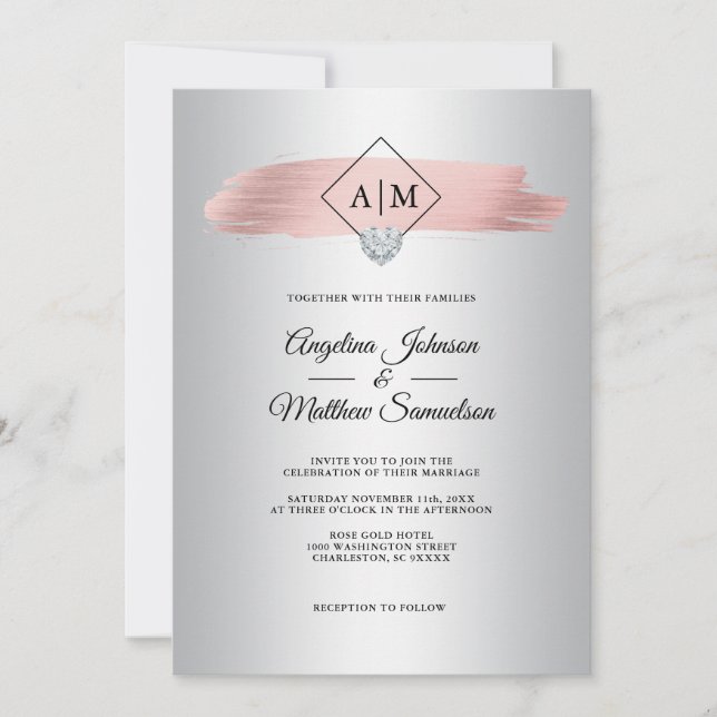 Rose Gold Foil Silver Marble Monogram Wedding Invitation (Front)