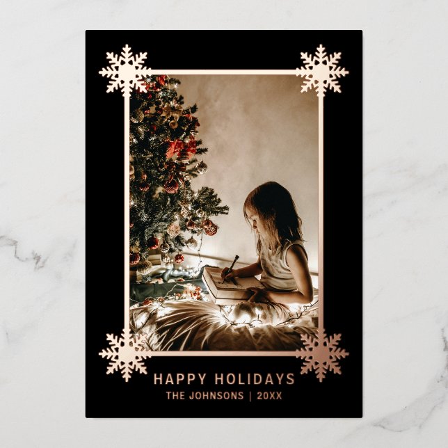 Rose Gold Foil Snowflakes Holidays PHOTO Foil  Foil Holiday Card (Front)