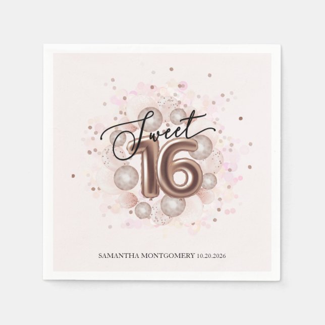 Rose Gold Foil Sweet 16 Bday Balloons Party Pink Napkin (Front)