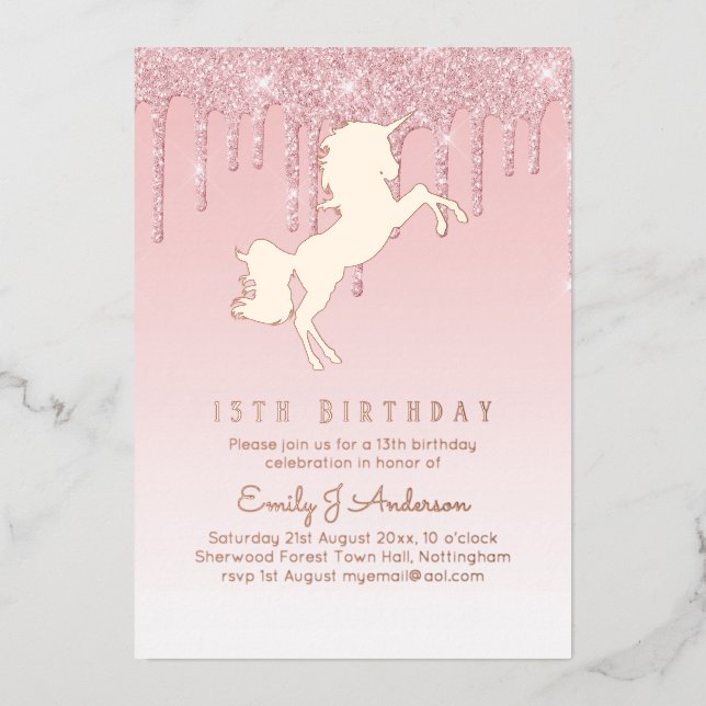 Rose Gold Foil Unicorn Girly Birthday (ANY) Pink F (Front)