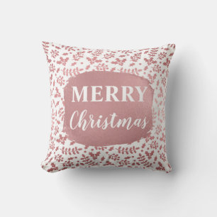 Rose Gold Foil & White Holly Winter Christmas Throw Pillow