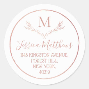 Rose Gold Foil Wreath Monogram Return Address Classic Round Sticker