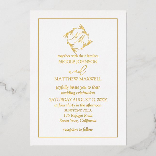 Rose Gold Foil Wreath Monogram Wedding Invitation (Front)