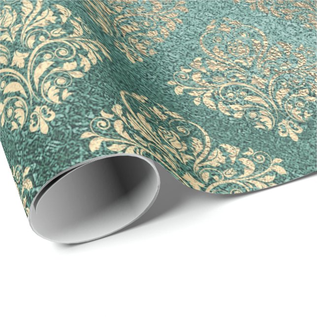 Rose Gold Foxier Damask Teal Shiny Glass Metallic Wrapping Paper (Roll Corner)