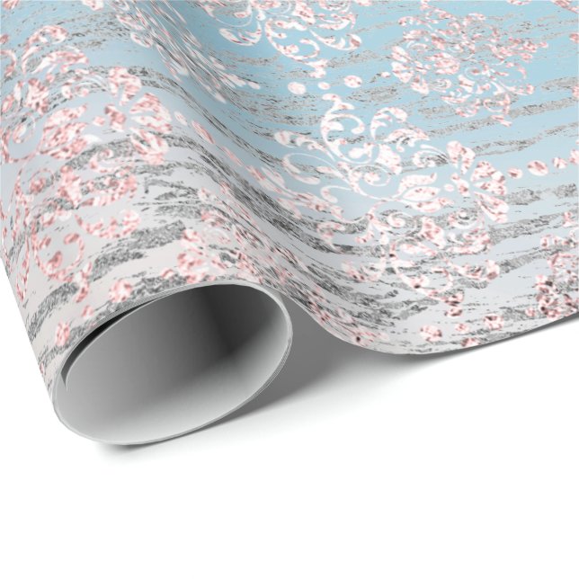 Rose Gold Foxier Damask Wood Pink Blue Grey Wrapping Paper (Roll Corner)