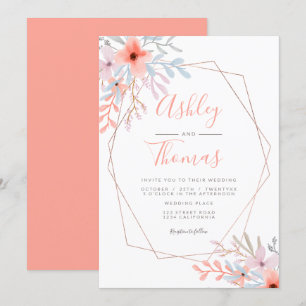 Rose gold frame floral coral watercolor wedding invitation