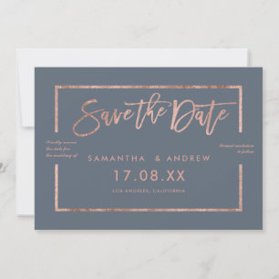 Rose gold frame script dusty blue save the date
