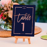 Rose gold frame script navy blue table number<br><div class="desc">rose Gold typography on customizable navy blue rose gold half frame,  and faux rose gold geometric stripes chic table number wedding ,  perfect for elegant,  beach wedding, </div>