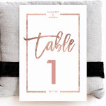 Rose gold frame script white table number<br><div class="desc">rose Gold typography on customizable white rose gold half frame,  and faux rose gold geometric stripes chic table number wedding ,  perfect for elegant,  beach wedding, </div>