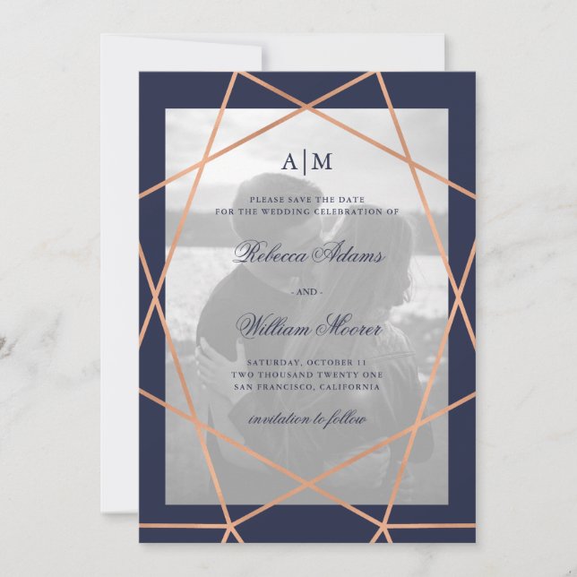 Rose Gold Geometric and Midnight Blue | Photo Save The Date (Front)