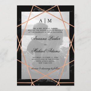 Rose Gold Geometric   Black Marble   Photo Wedding Invitation
