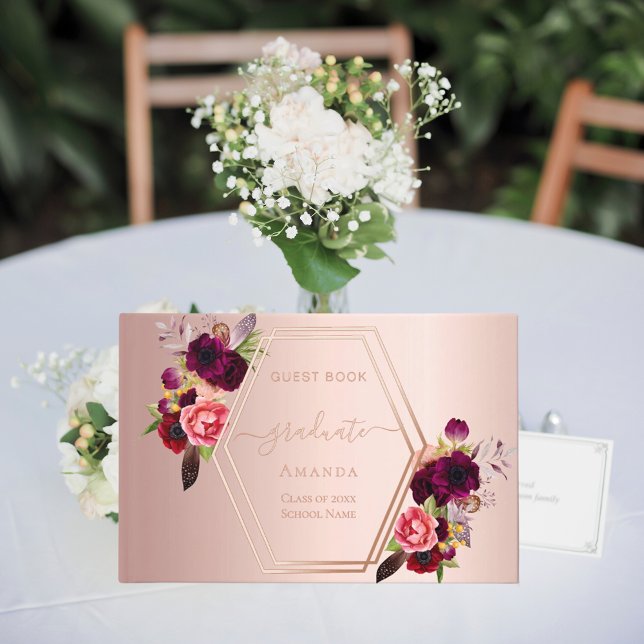 Rose gold geometric burgundy florals Graduation Guest Book (Creator Uploaded)