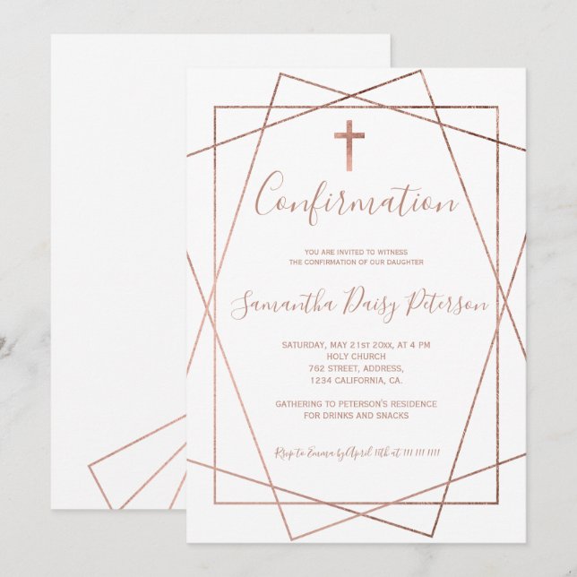 Rose gold geometric chic white script confirmation invitation (Front/Back)