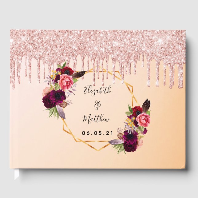 Rose gold geometric florals glitter drips wedding guest book (Front)