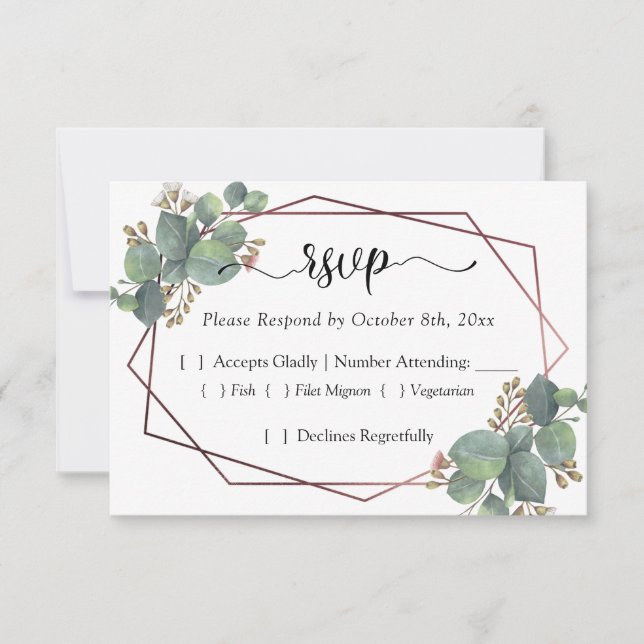 Rose gold geometric frame eucalyptus RSVP Card (Front)