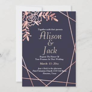 Rose gold geometric frame  navy blue wedding invitation