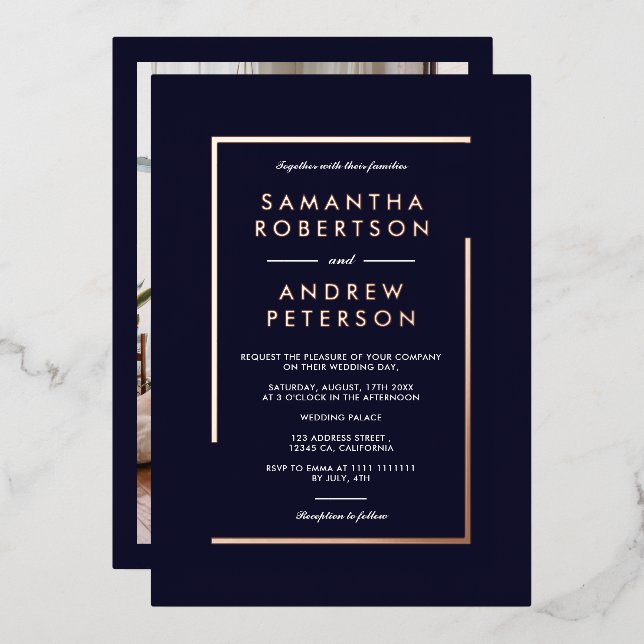 Rose gold geometric frame photo wedding navy (Front/Back)
