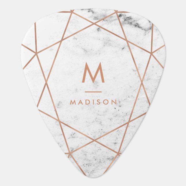 Rose Gold Geometric on Marble Look | Monogram Guitar Pick (Front)