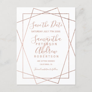 Rose gold geometric white script save the date announcement postcard