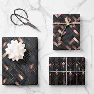 Rose Gold Geometrics on Matte Black Design Wrapping Paper Sheet