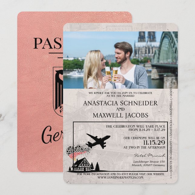 Rose Gold Germany Passport Wedding Invitation (Front/Back)