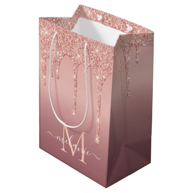 Rose Gold Gift Bag Custom Your Letter and Name  (Back Angled)
