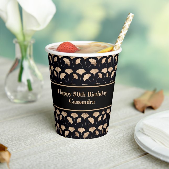 Rose gold ginko leaves 50th birthday personalized paper cups (Insitu)
