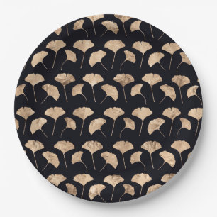 Rose gold ginko leaves black background paper plate