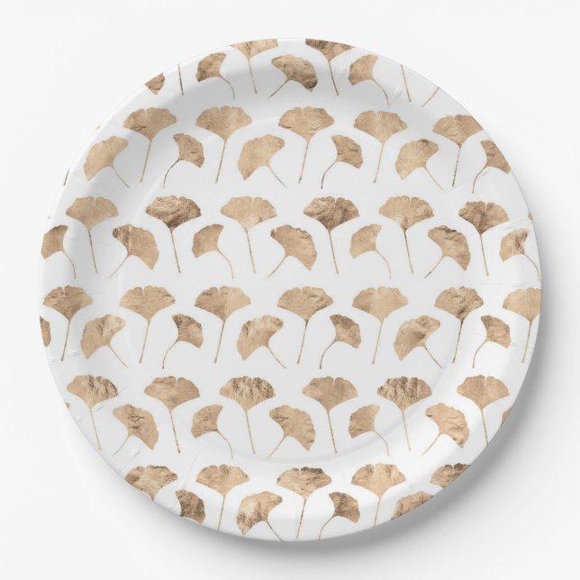 Rose gold ginko leaves white background paper plate (Front)