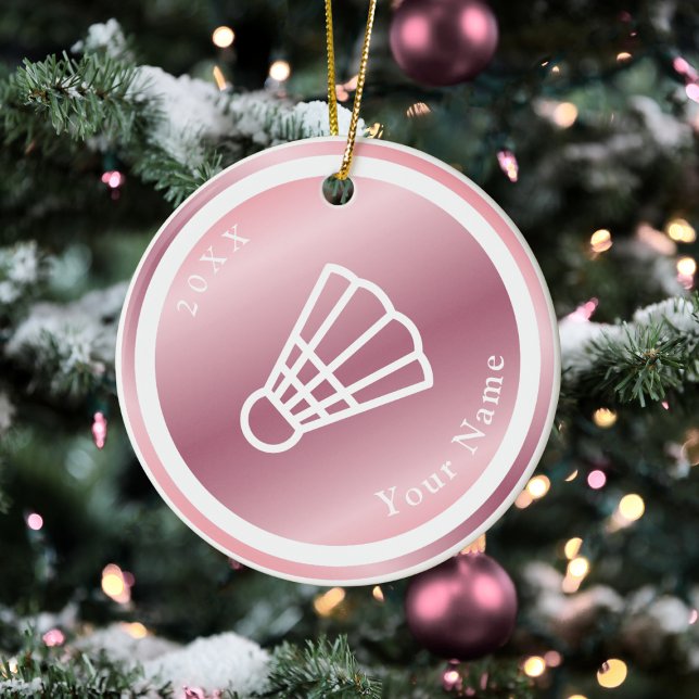 Rose Gold Girls Badminton Theme Name & Year Pink Ceramic Ornament (Creator Uploaded)