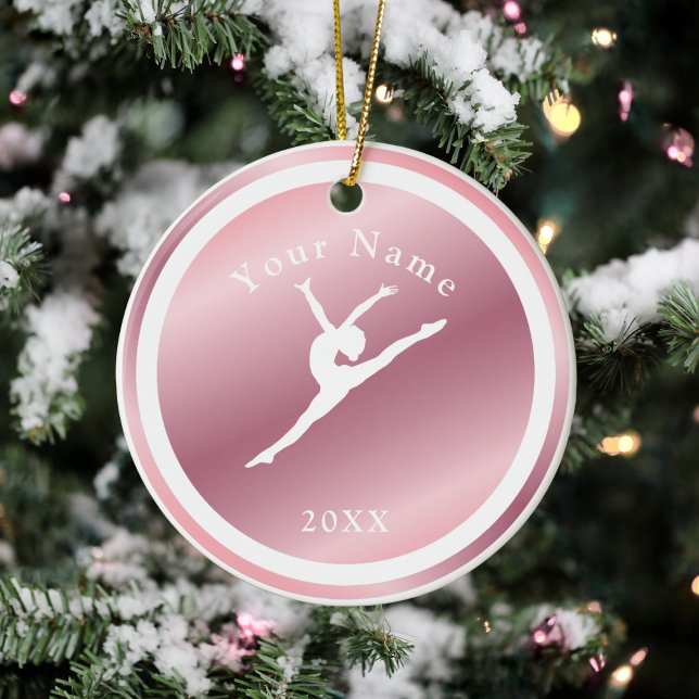 Rose Gold Girls Gymnastics Theme Name & Year Pink Ceramic Ornament (Creator Uploaded)