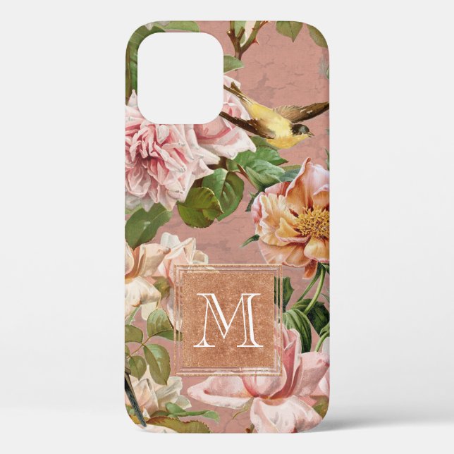 Rose Gold Girly Floral Dusty Pink Sparkle Monogram Case-Mate iPhone Case (Back)