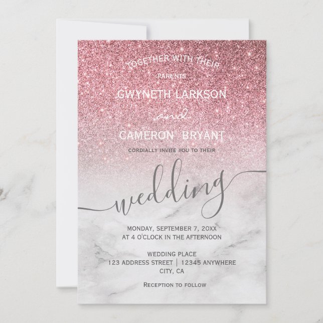 Rose Gold Girly Glitter Modern Marble Invitation (Front)