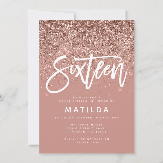 Rose gold girly glitter modern sweet 16 birthday (Front)